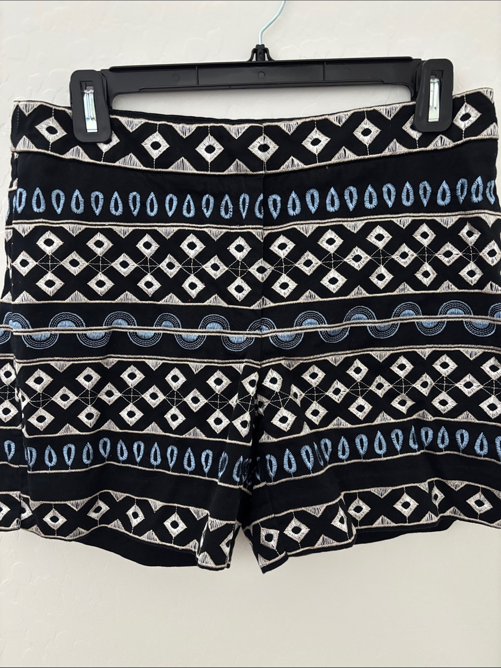 Women's Black Patterned Knit Shorts with Blue Accents